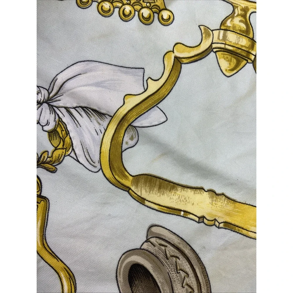Hermes Scarf Carre 90 Etriers Silk Light Blue Gold Equestrian Design France Flaw